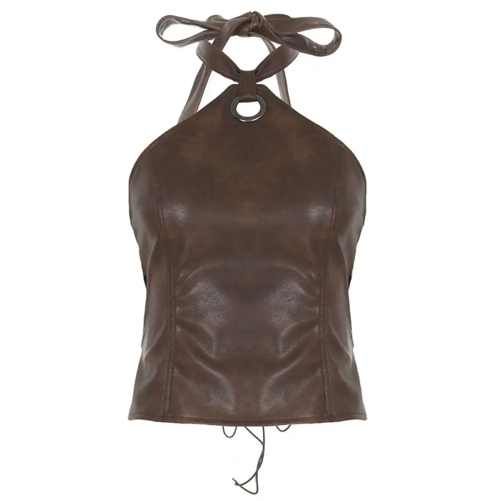 Verstellbare Lederweste, rückenfreies Schnür-Top, eng anliegendes Oberteil für Damen, Metallring, Streetwear, Retro-Crop-Top, Damen