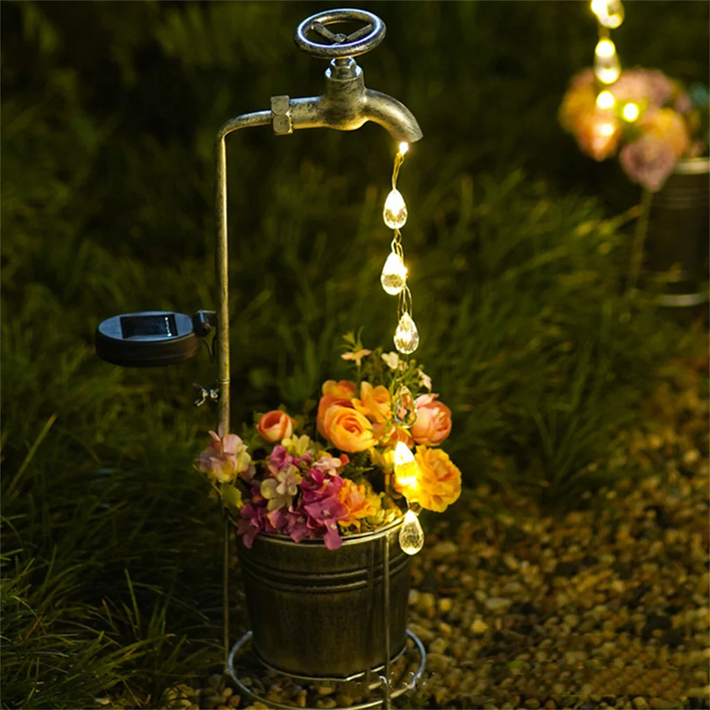 Solar Lights Outdoor Metal Watering Can Stake for Garden Art Lamp Decor Solar Water Faucet  Faucet Planter Light Lawn Lamp