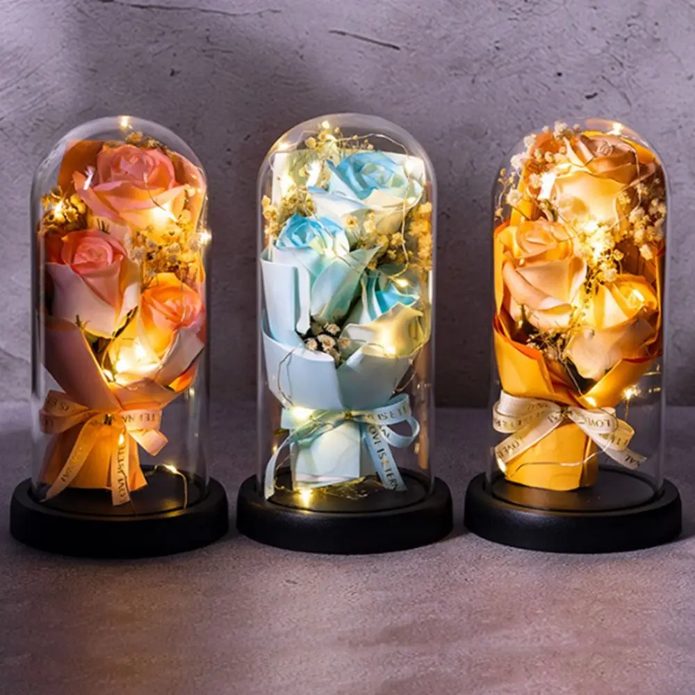 

Romantic Eternal Rose Light 3 Heads Soap Flower Luminous Artificial Rose Light Simulated Rose Acrylic Cover