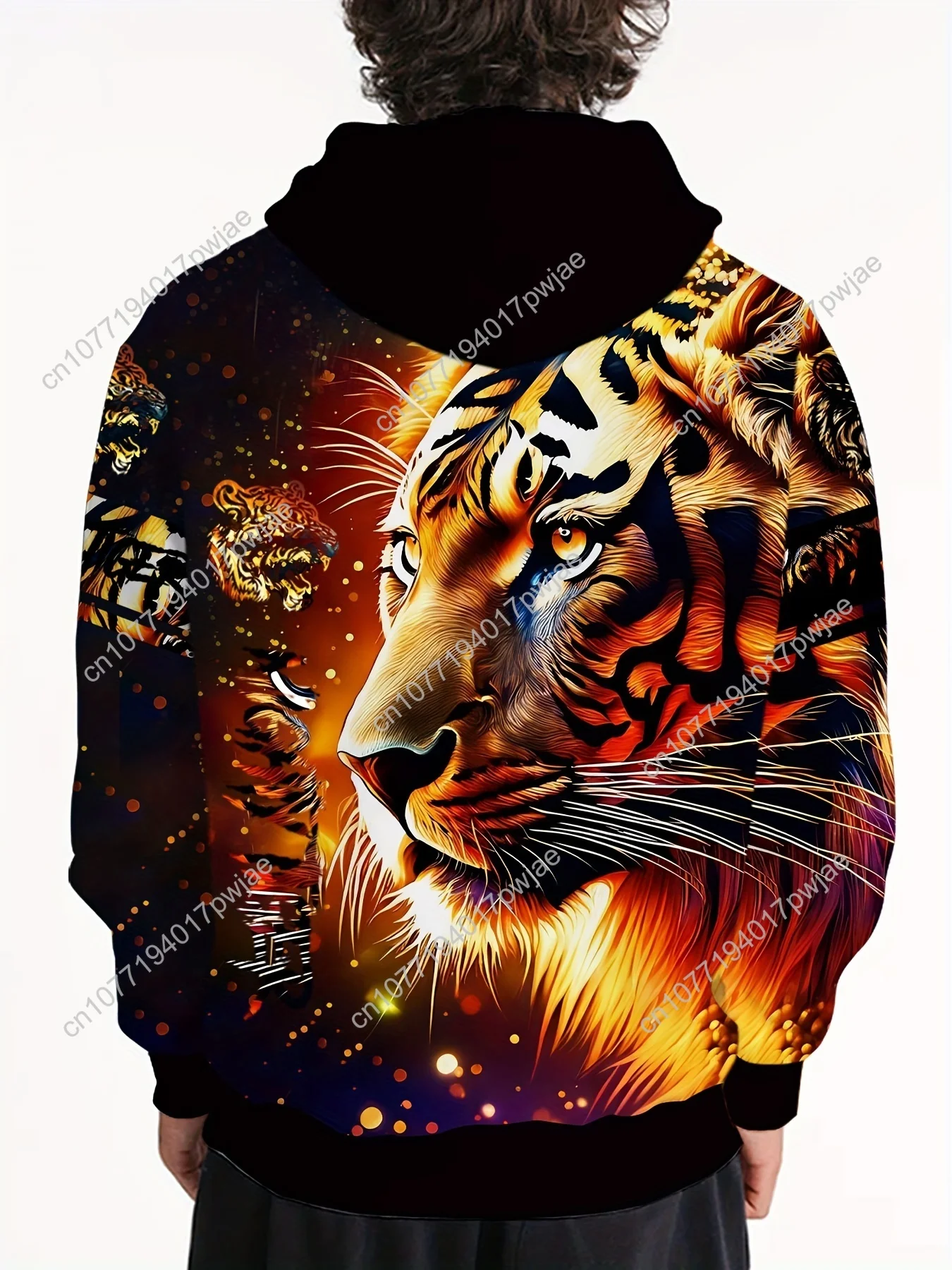 Moletom com capuz gráfico de tigre – ajuste solto confortável, pulôver moderno com capuz e bolso canguru, roupas masculinas de outono, design de impressão 3D