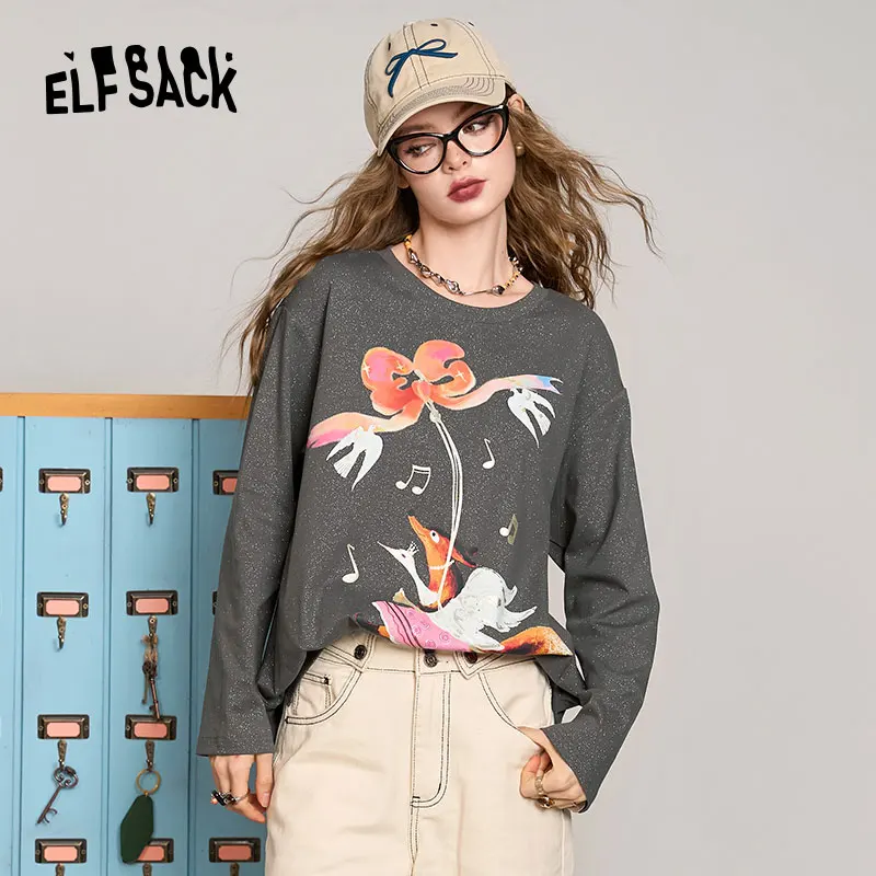 ELFSACK 2024 Autumn New Arrive Dark grey fox print silver loose versatile Korean style long sleeve T-shirt for women