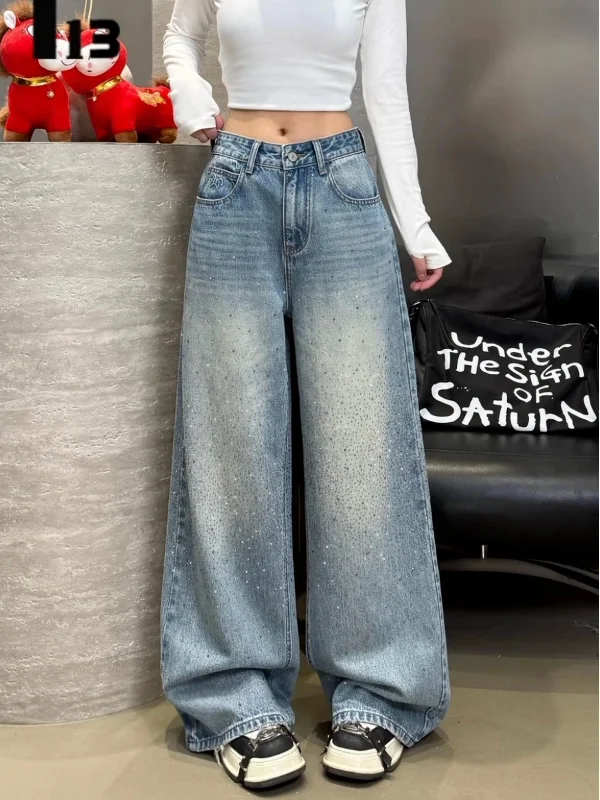 

plus Size Women's American Retro Design Heavy Embellied Denim Jeans Loose Wide Leg Pants Spring Faion Slimming Effect