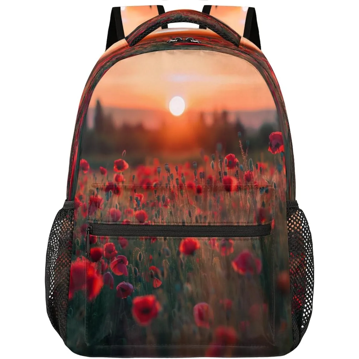 

Beautiful Red Poppies Field Sunset Backpack Laptop Backpacks Casual College Travel Bag Hiking Daypack for Women Men