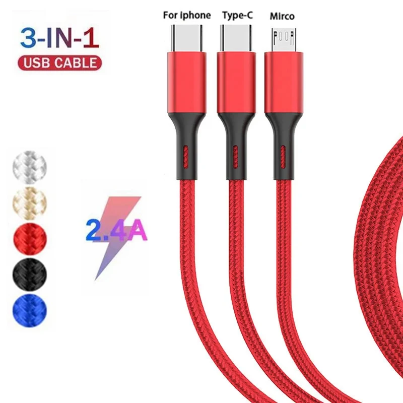 3 w 1 kabel USB do szybkiego ładowania Micro USB typu C iOS kabel do oplecionego nylonu iPhone Huawei Samsung