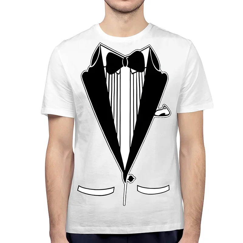 Unisex Tuxedo with Bowtie&Pockets Print Shirt Classic Party Humor Vintage Tee Shirt Homme Funny T-Shirt for Men/Women Clothing