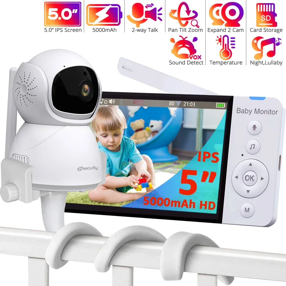 5 Inch HD Baby Monitor with Camera Pan-Tilt-Zoom 5000mAh Long Life Battery IPS Screen PTZ Babyphone Babysitter Camera Holder