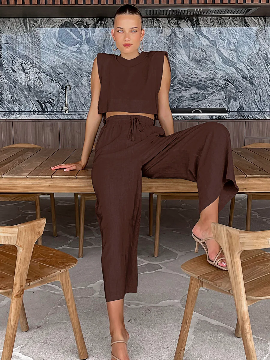 Summer Khaki Linen Pants Sets Women 2 Piece Fashion Sexy Lace-Up Crop Tops Vacation Elastic Waist Loose Long Pants Suits
