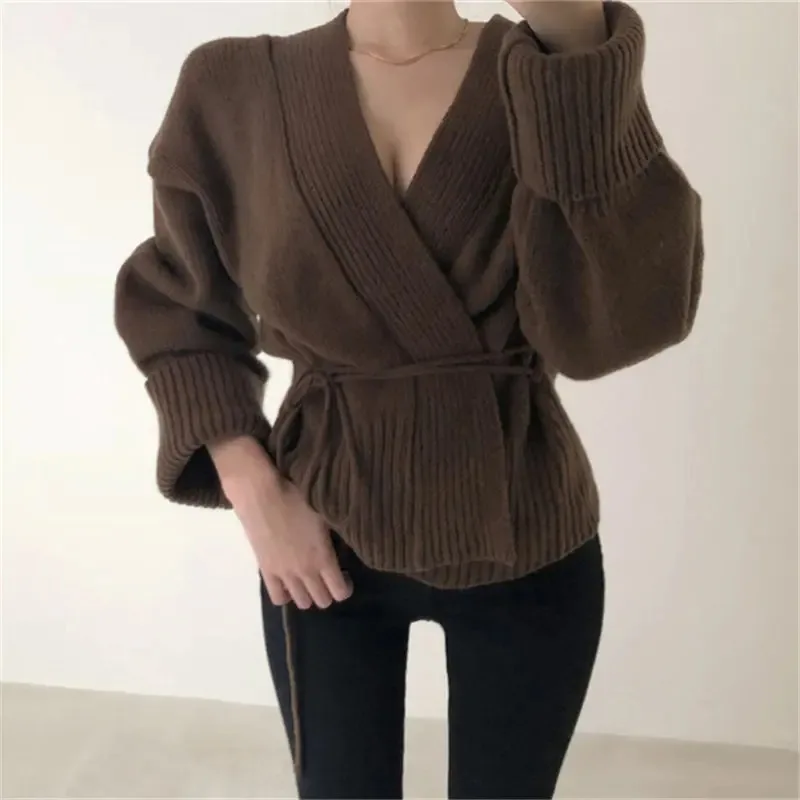 Autumn Casual Kintted Open Cardigan Jacket Coat Woman Lace-Up Sexy V-Neck Loose Cardigans New Fashion Short Knit Sweaters Khaki