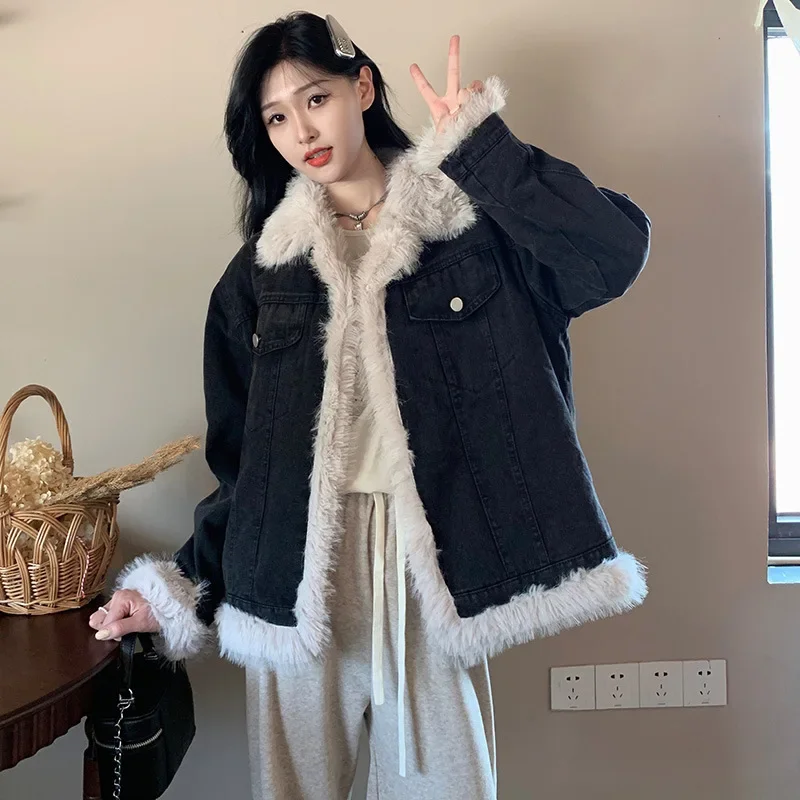 2024 New Women's Vintage Denim Short Lamb Wool Jacket - Plush Thickened Sherpa Cotton Coat, Loose Fit Age-Reducing Outerwear