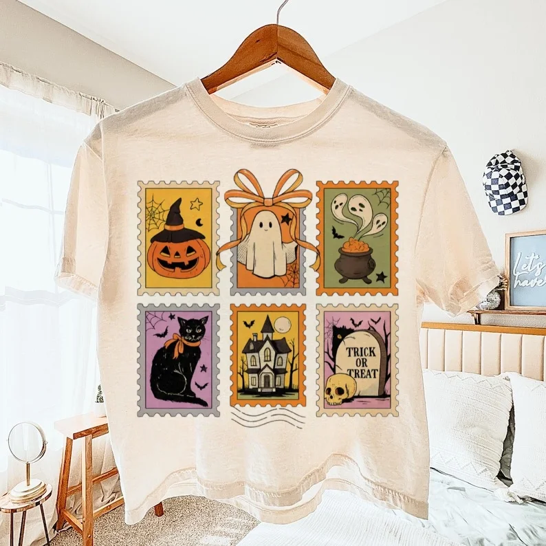 Damska koszulka na Halloween z nadrukiem, jesienna, z okrągłym dekoltem, z motywem kreskówkowym, codzienna, popularna, uniwersalna, urocza bluzka, biała koszulka damska.