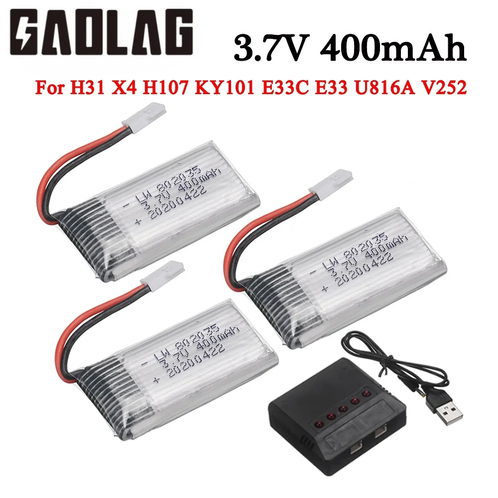 Batteria Lipo 3.7V 400mAh per X4 H107 H31 KY101 E33C E33 U816A V252 H6C RC Drone Pezzi di ricambio 3.7V 1S Batteria con caricabatterie XH2.54