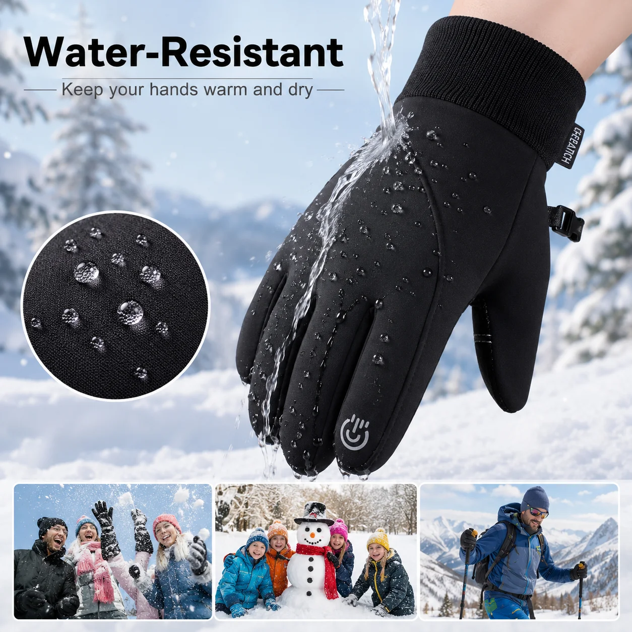 Schwarze Winterhandschuhe mit Touchscreen-Funktion, Warm, Rutschfest, Wasserdicht, Winddicht, Outdoor-Sporthandschuhe für Radfahren, Laufen, Wandern – Detail 7