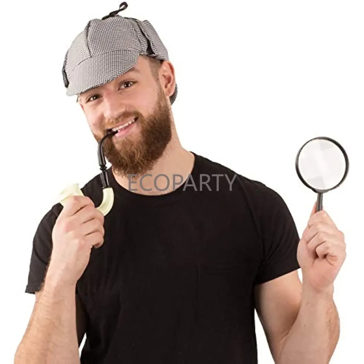 Men Detective Bundle- Detective Hat Costume Pipe & Magnifying Glass Black and White Cosplay Accessory Set Party