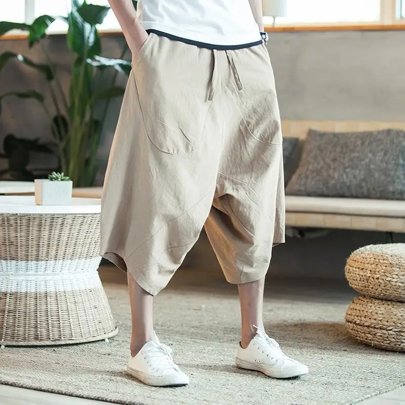 

Men's Cotton Linen Harem Pants Loose Wide Leg 7/8 Length Casual Summer Baggy Trousers