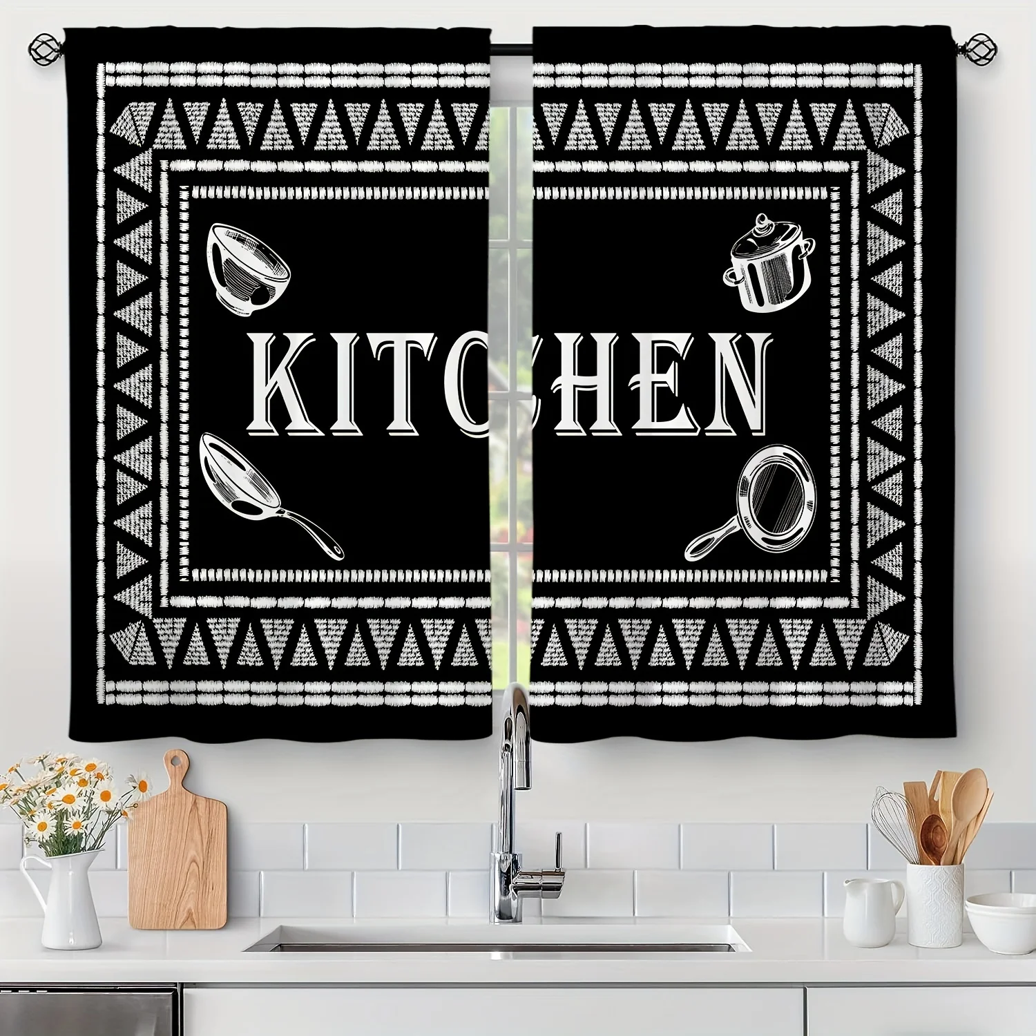 2pcs Cafe Curtains Tiers Vintage Black Kitchen Cutlery Pattern Print Kitchen Curtains Semi-Blackout Window Treatment For Bedroom