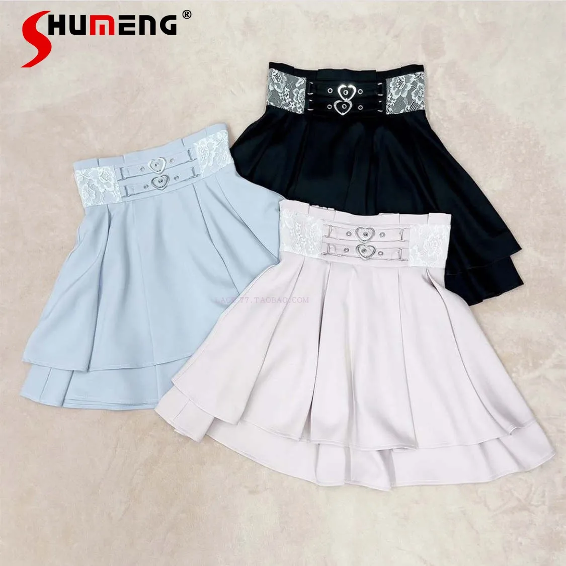 

Japanese Style Mine Peach Heart Metal Buckle Skirt Harajuku Woman Lace Stitching Waist Double-Layer Ruffled Swing Short Skirts