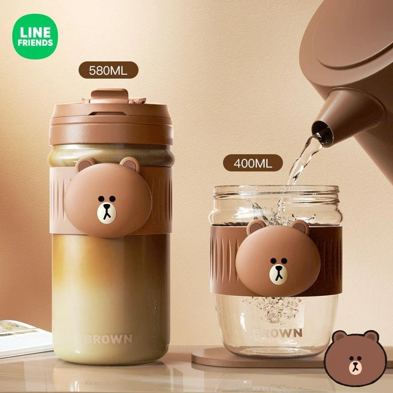 

Стеклянная кружка с трубочкой LINE FRIENDS Brown Cony, аниме-мультяшный дизайн, милая, кавайная, для дома, портативная, для воды, сока, кофе, подарок, оптом.
