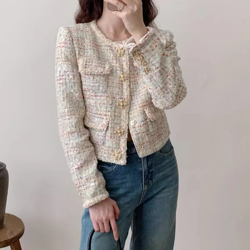 

Apricot Tweed Jacket Women Long Sleeve Autumn Winter Chic Elegant Vintage Coat Lady O-neck Cloth Lady Streetwear