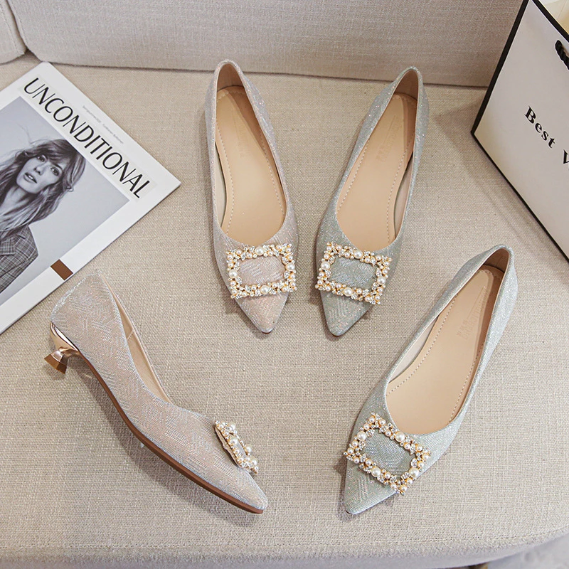 

Womens Pearl Square Buckle Pumps 2024 New Style Pointed Toe Fairy Style Thin Heel Casual All Match Plus Size Comfortable Daily