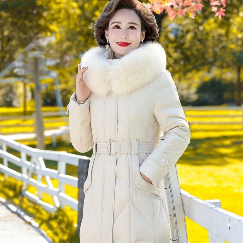 

2023 New Women White Duck Down Jacket Winter Coat Female Extra Long Knee Length Parkas Thicken Loose Outwear Hooded Overcoat