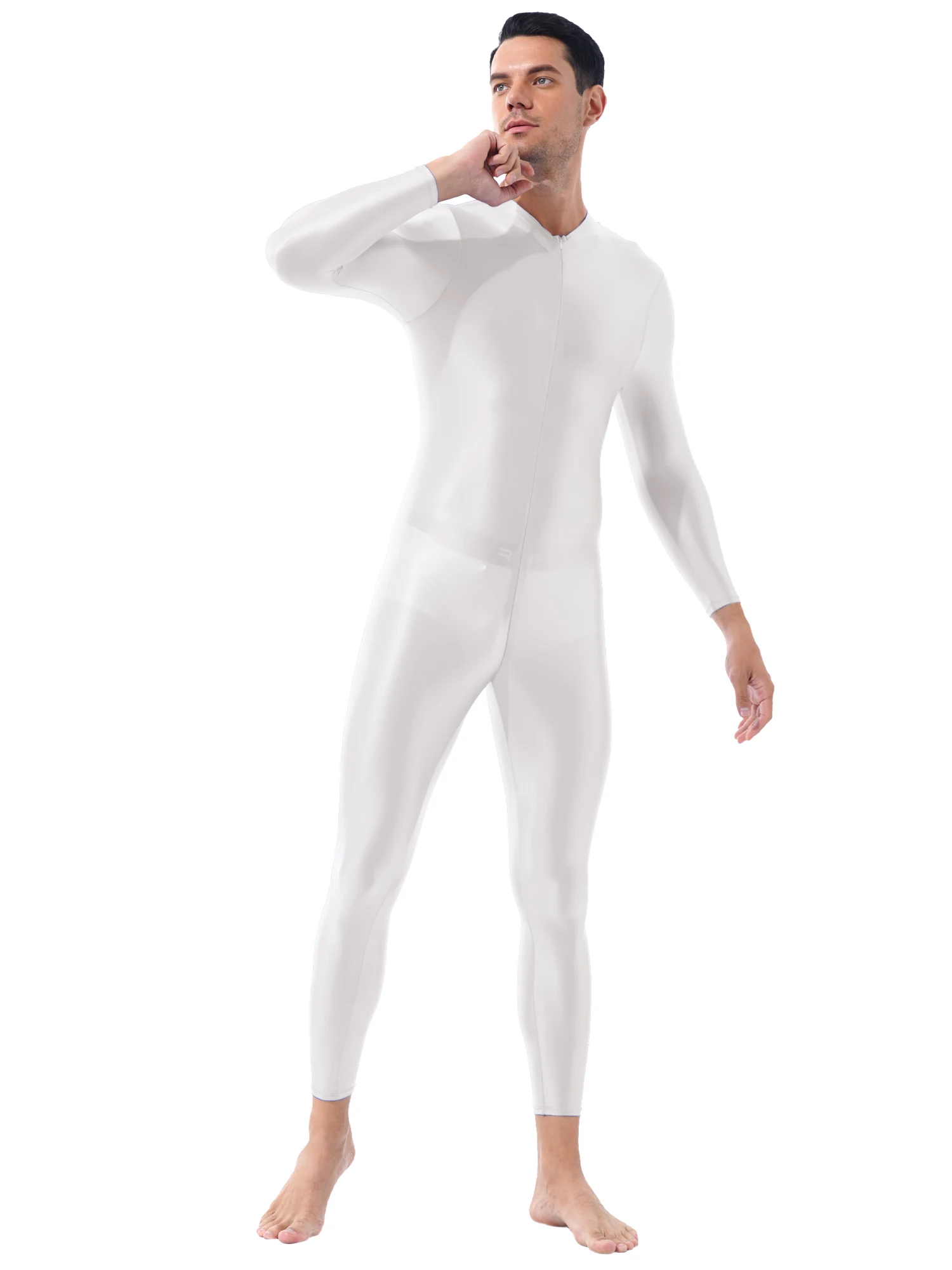 

Men Glossy Tight Bodybuilding Jumpsuit Exercise Long Sleeves Double-ended Zipper Bodysuit for Gym Sport Fitness Costumes
