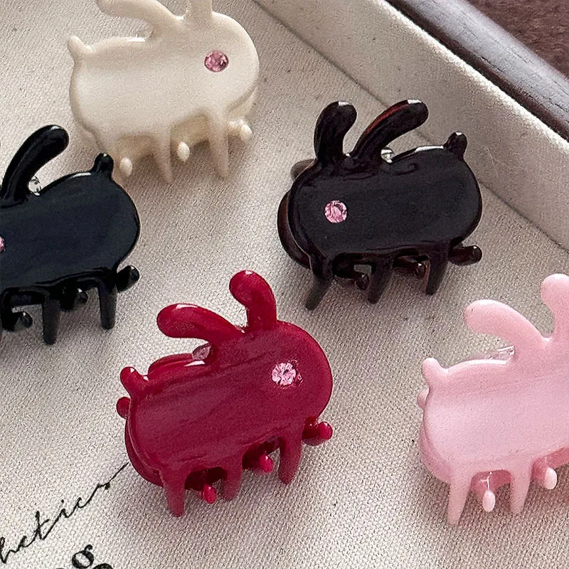 Cute pink diamond rabbit acetic acid small claw clip princess head bangs clip high-end girl mini side broken hair clip