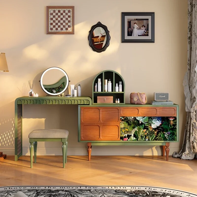 

2025 new dresser chest integrated, French retro bedroom retractable, solid wood dresser storage cabinet integrated