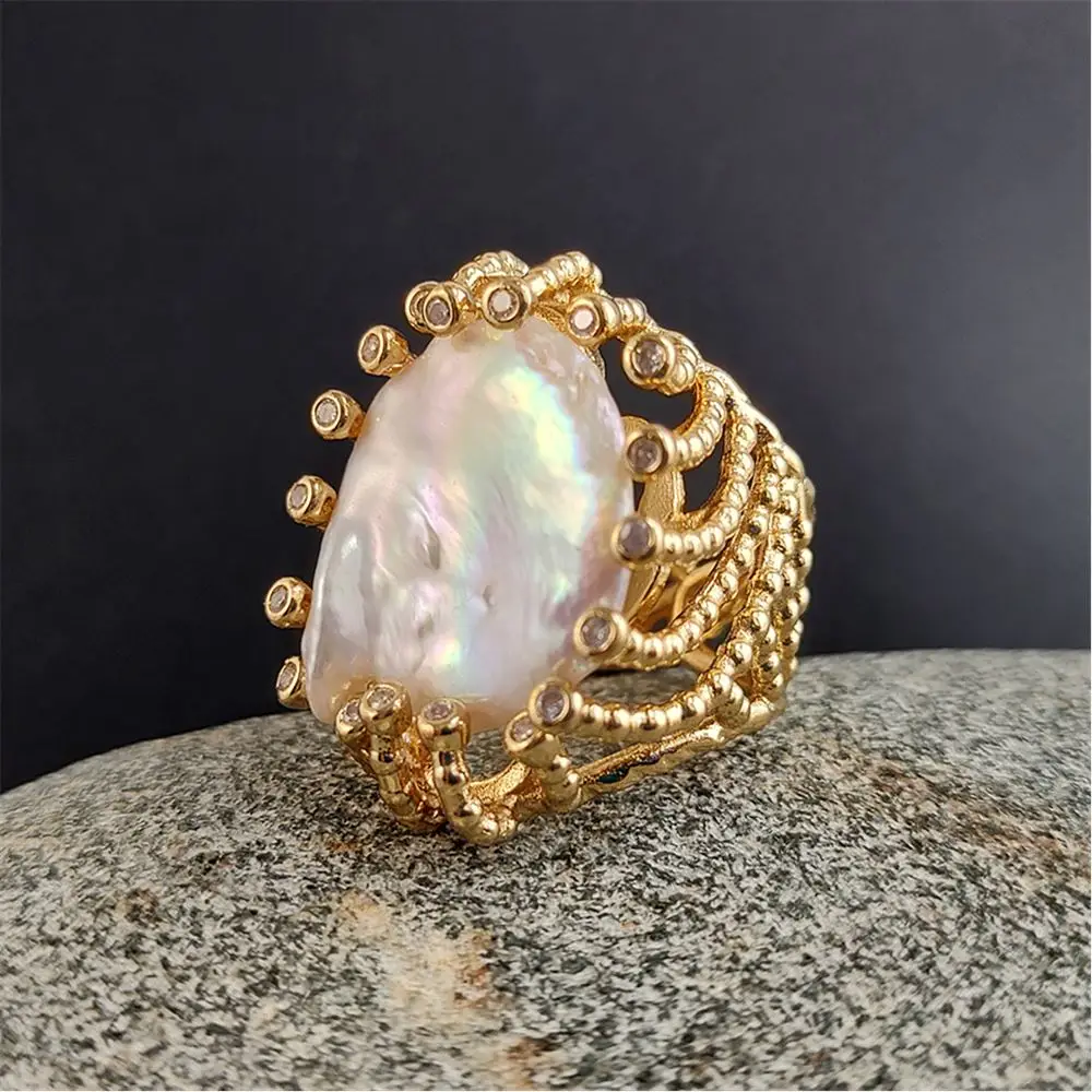 FUWO Jewelry One Piece Natural Fresh Water Pearl Ring,Golden Plated Zircon Bead Charm Adjusbable Rings For Women RG509
