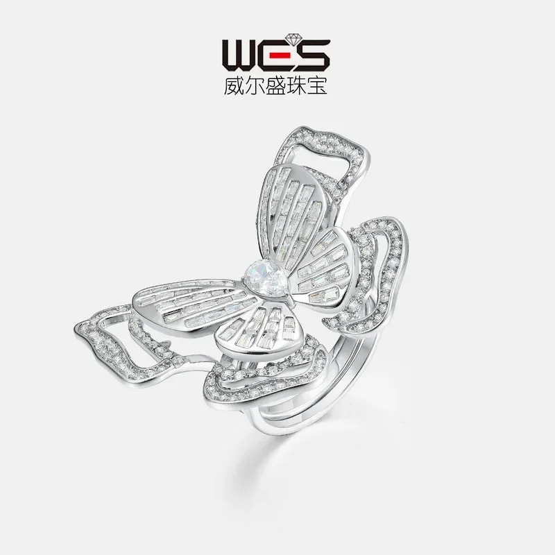 European and American Butterfly Design High Carbon Diamond Ring 18K Gold Inlaid with Colored Baby Stones PT950 Platinum Ring