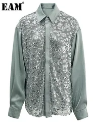 [EAM] Women Green Sequins Perspective Big Size Casual Blouse New Lapel Long Sleeve Shirt Fashion Tide Spring Autumn 2024 CPG1587