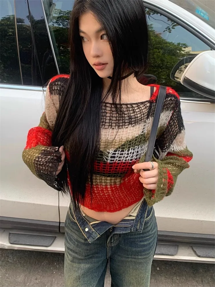 American Style Hollowed Out Knitted Sweater 2024 New Backless Loose Pullovers Y2k E-Girl Long Sleeve Striped Tops Women