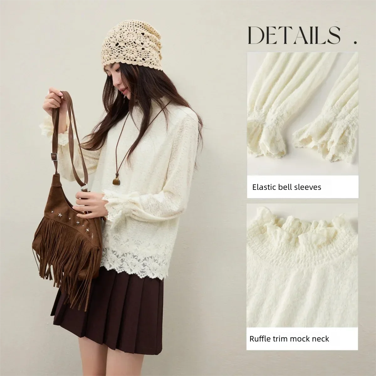 SENTUBILA Eleganckie Bluzki Damskie z Półgolfem, Ażurowe Bluzki Dzianinowe Damskie 2025 Zima Nowe Bluzki z Rozszerzanymi Rękawami i Koronką Q54SA4998