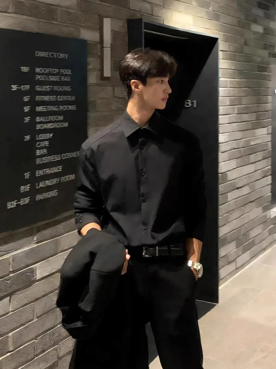 

Naples Black Long Sleeve Men's Shirt Spring British Style Inner Wear Suit Jacket Casual Loose Fit Iron Free Fashionable