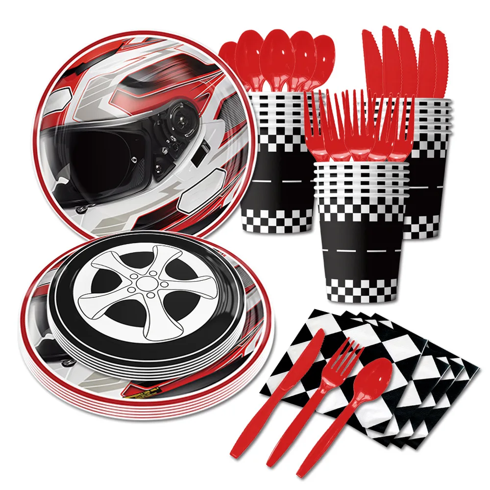 Racing Car Birthday Motorcycle Party Disposable Tableware Tablecloth Plate Cup Race Car Theme Balloon Birthday Party Decorations