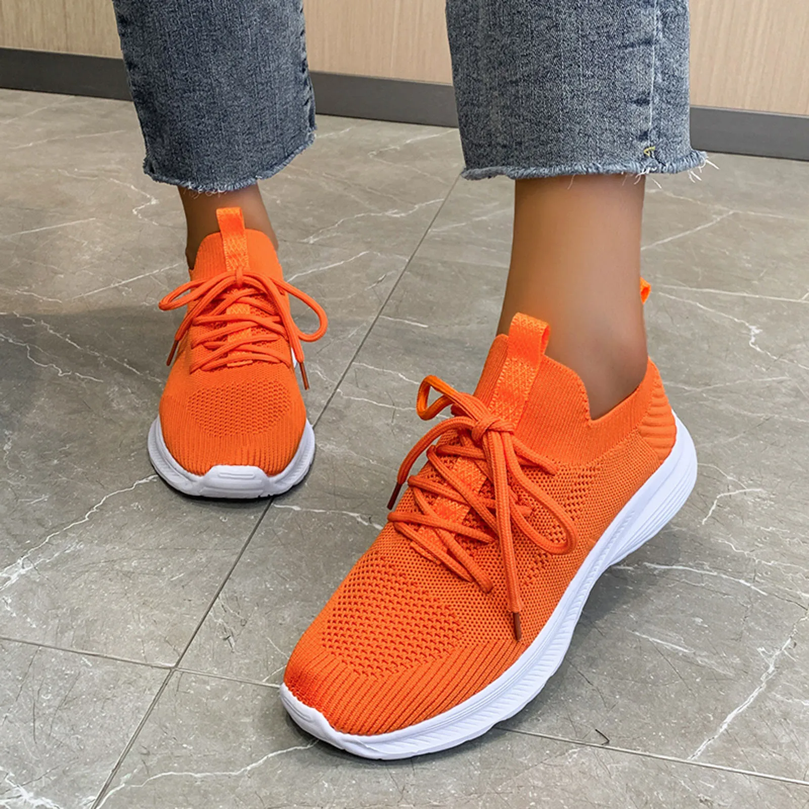 Plus Size Orange Knit Flat Shoes Women 2023 Lace Up Breathable Mesh Sneakers Woman Casual Soft Sole Sport Running Tennis Sneaker