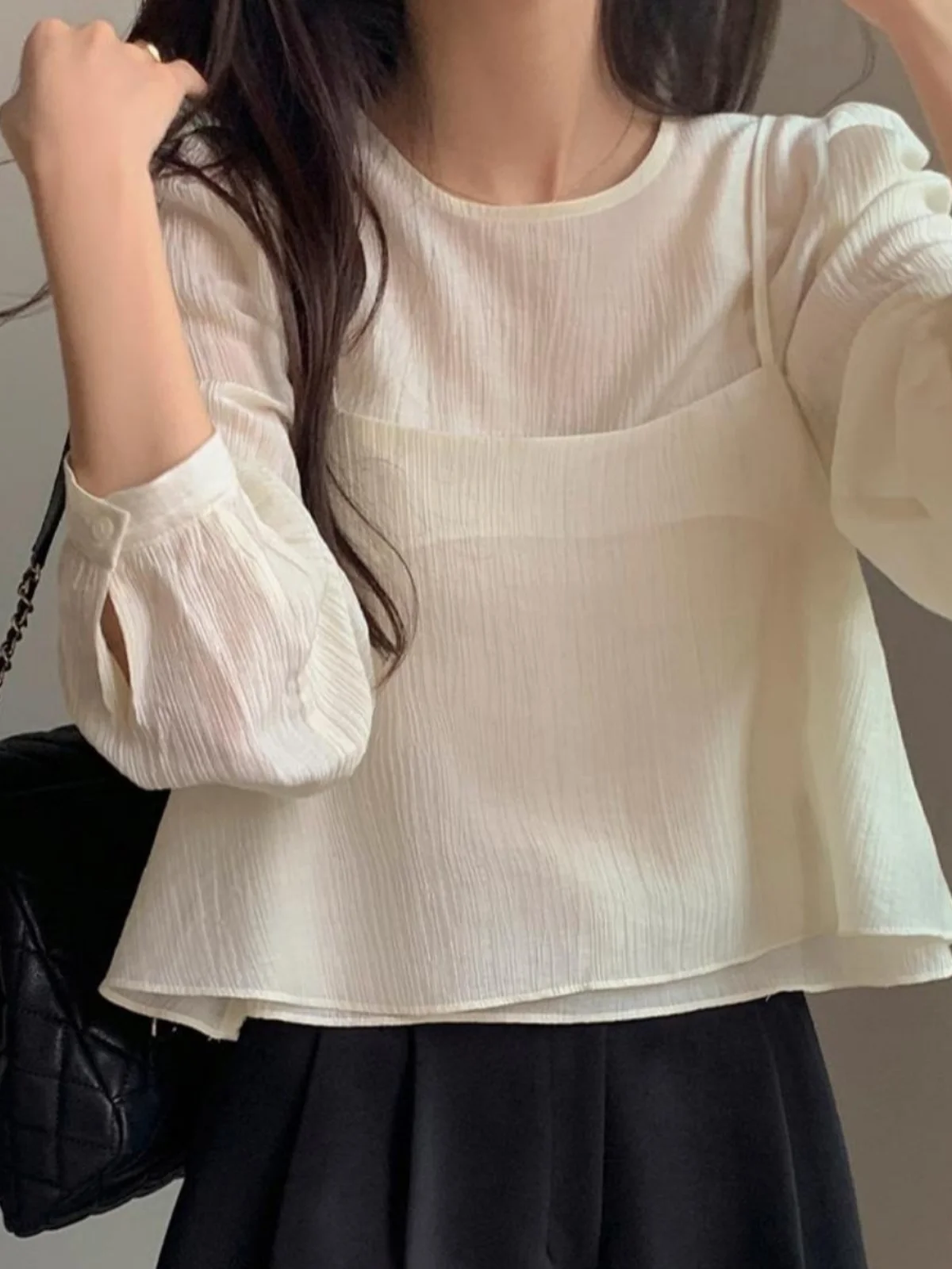 

Korean Sle See tough Long Sve Tank Top Women's Spring Faion ort Two Piece Set Lace irt Casual Comfortable Fit