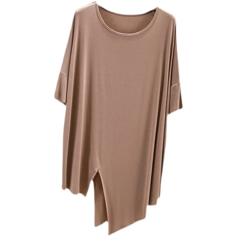 Loose Fit Dancewear T-Shirt for Women Short Sleeve Modal Mid-Length Base Shirt Asymmetrical Hemline Korean Style round Neck