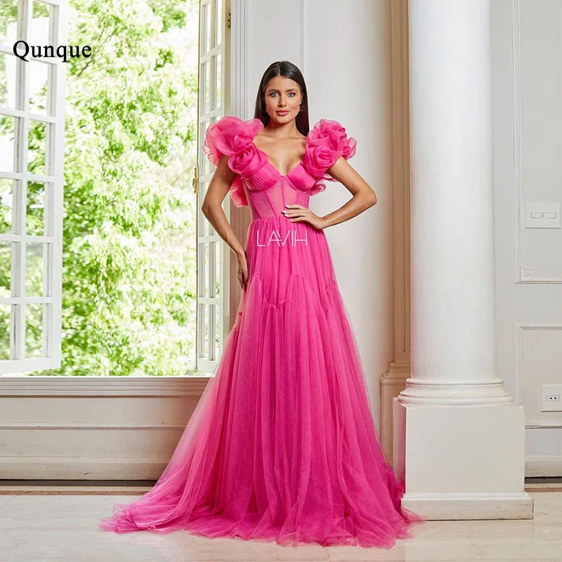 Qunque Fuchsia A Line Special Occasion Dresses 3D Flowes Pleat Formal Gown Long Ruched V-neck Evening Dresses Vestidos De Fiesta