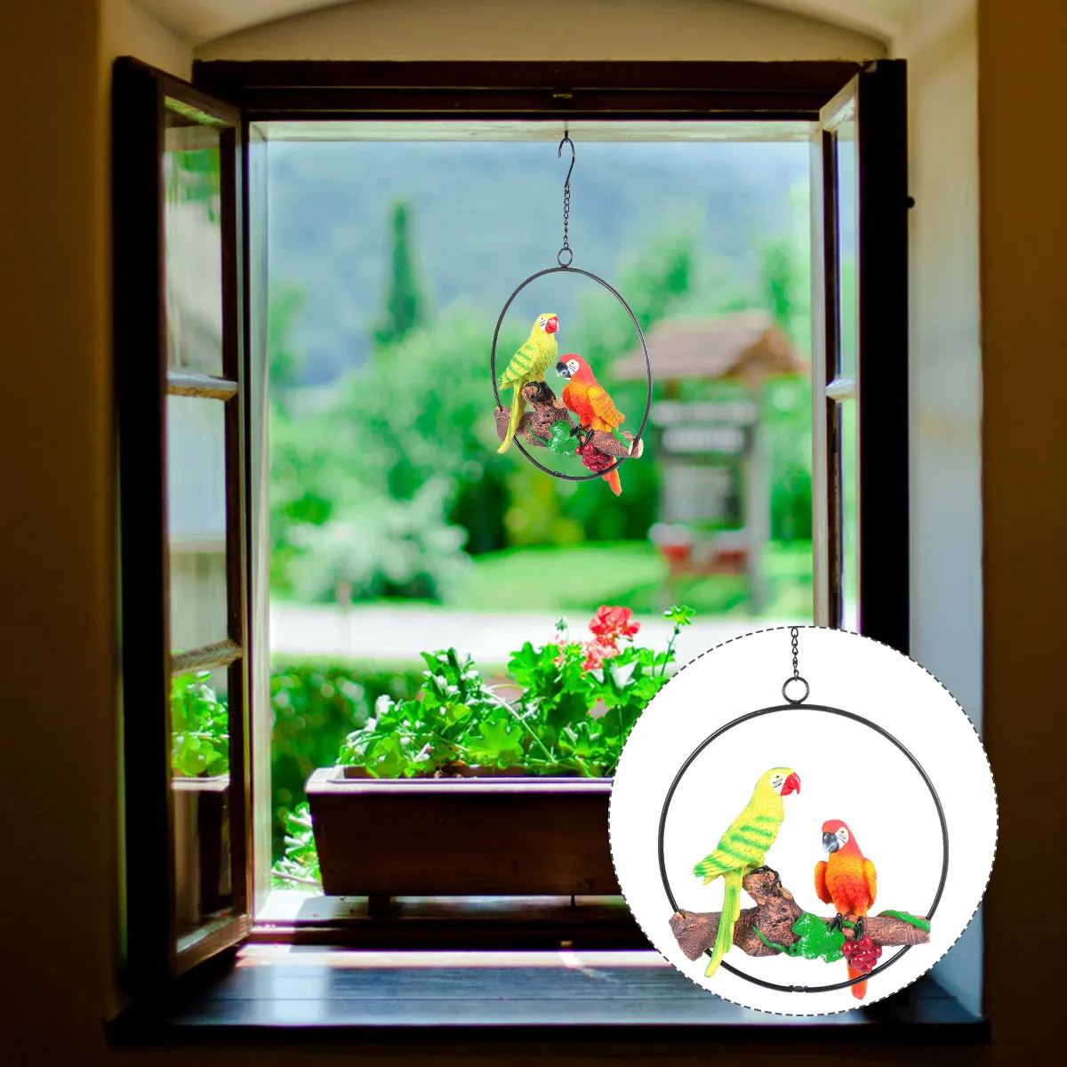 Resin Parrot Hanging Ornament Realistic Macaw Wall Art Decoration Garden Bird Adornment Desktop Decoration Artificial Feather