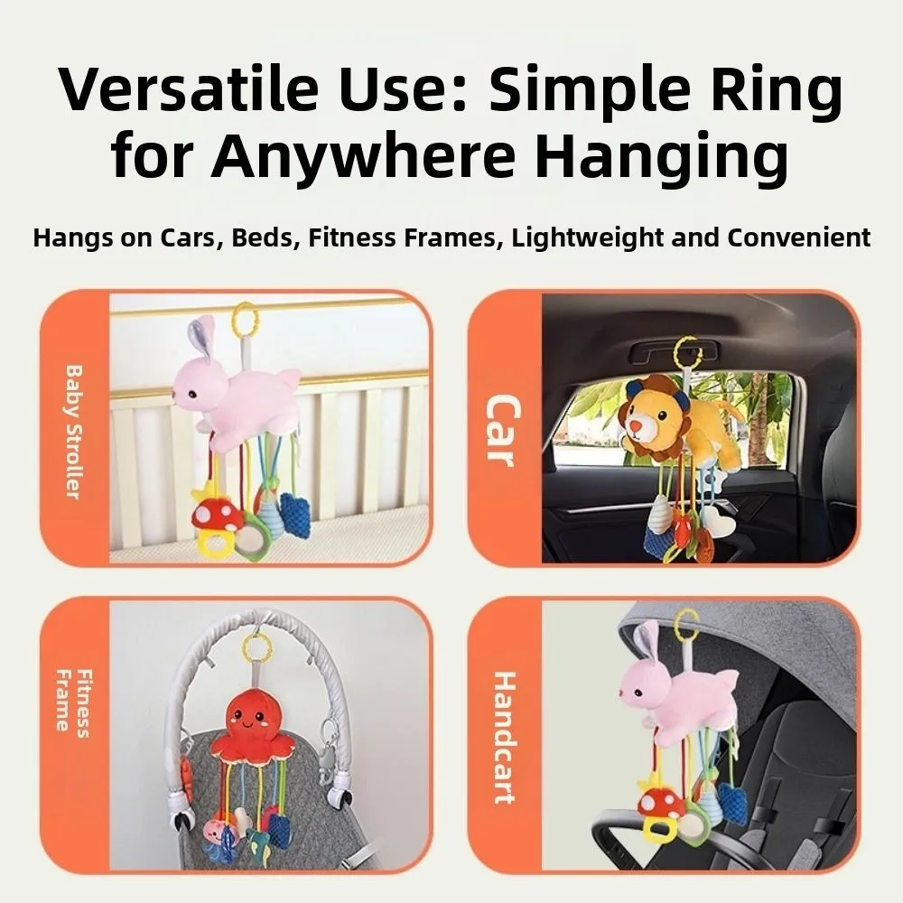 Niedliches Tier-Design, sensorischer Kinderwagen, hängende Ornamente, Handgriff, verzerrender Spiegel, Tiere, Bettglocke, Puppen, weicher Beißring