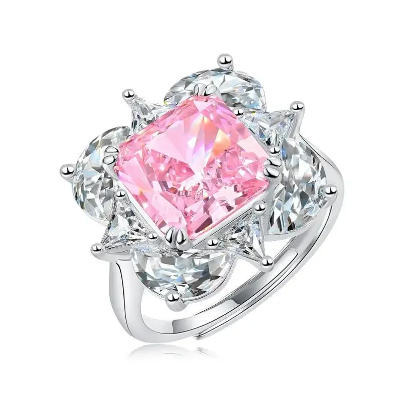 Pirmiana Elegant S925 Silver Hot Pink Radiant   Zirconia Ring Hight Carbon Diamond   Crushed Ice Cuttingfor Valentine's Day