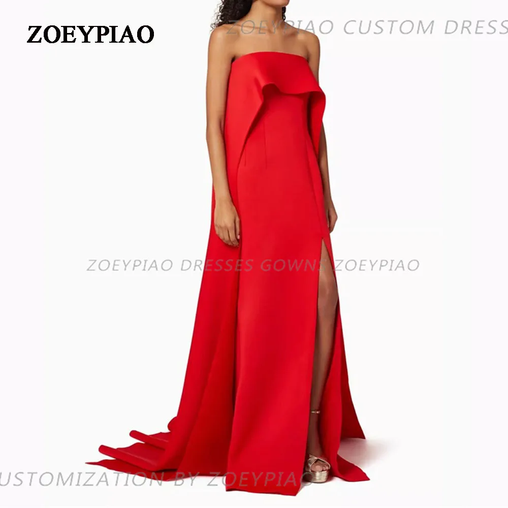 

Red Satin A Line Strapless Evening Dresses For Women High Split Custom Prom Gowns Vestidos Dresses فساتين للحفلات الراقصة