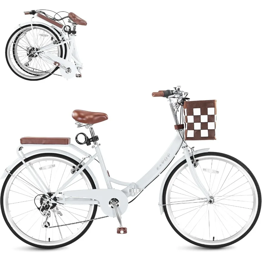 

Foldable Beach Cruiser Bike for Women 24/26 Inch Bikes for Women 7 Speed Commute Bike with Basket Adult Womens Bicycles Folding