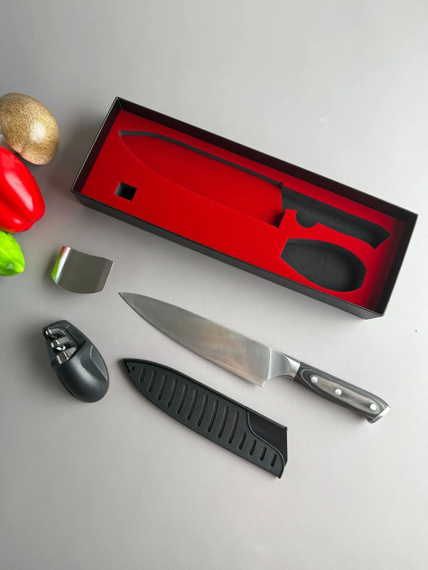 

8-дюймовый нож шеф-повара с точилкой 5Cr15MoV, лезвие из нержавеющей стали, деревянная ручка, нарезка овощей, тесак, набор кухонных ножей для мяса