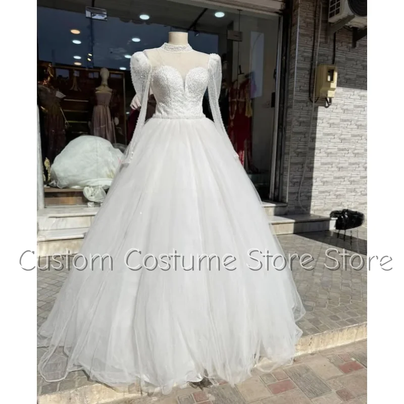 Abiti da sposa splendidi personalizzati Abiti da sposa in organza con orlo a trapezio e collo alto Abiti da sposa in cristallo con perline da donna