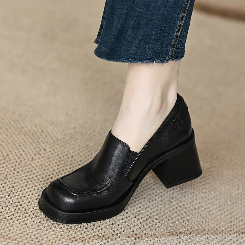 Comemore High Heels Chic Black 2024 Leather Slip-on Autumn Pumps Designer Fashion Footwear Women's Retro Thick Bottom Block Heel