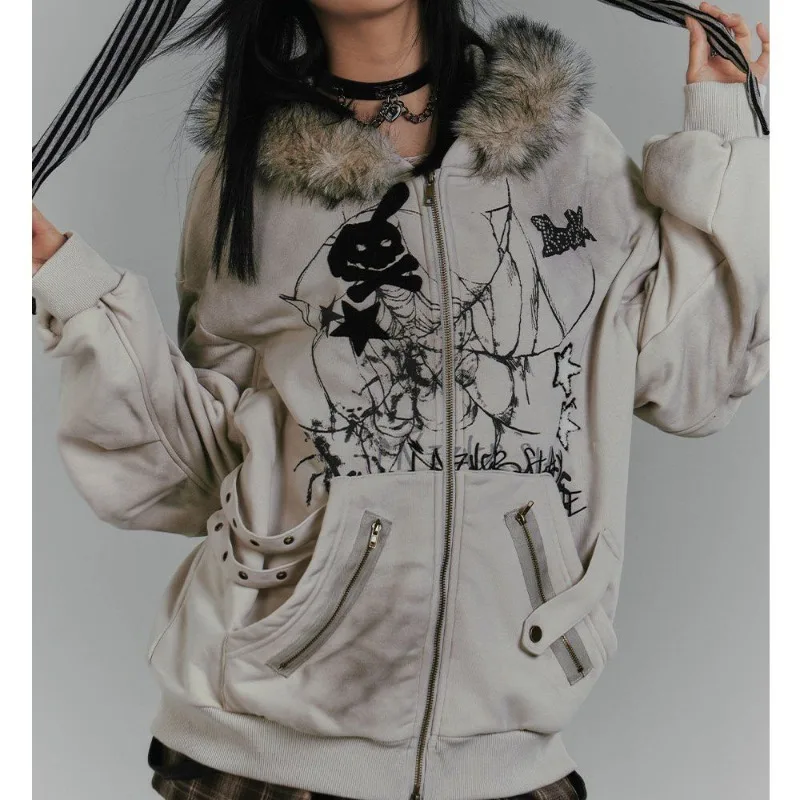 Amerikaanse retro bontkraag konijnenoor sweatshirt met capuchon Y2K bedrukt met dik fluwelen damestop voor herfst en winter