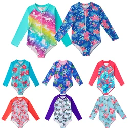 2024 Kids Girls Swimwear Beachwear Ruffle Long Sleeves Palm Printed Zippered Swimsuit Children Swimming Bathing Suit Rash Guard