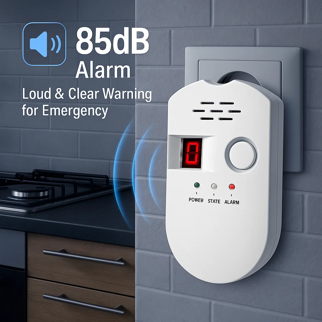 CE Certified Gas Leak Alarm, Plug-in Digital Display 85dB, Tri-Color LED for Natural Gas & LPG
