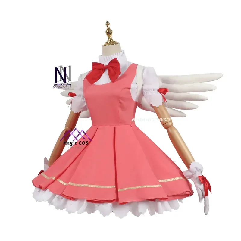 여자 핑크 애니메이션 Carcaptor 사쿠라 공주 드레스 코스프레 의상 로리타 드레스 가발 키즈 카드 전투 유니폼 예산 친화적 인